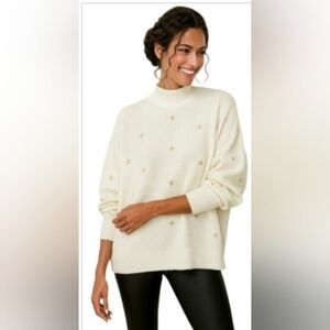 Boho Chic Winter White Cozy Pullover Embroidered Gold Stars Sweater New